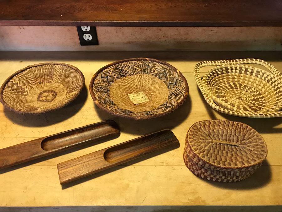 Various Native American Baskets With Pair Of DANSK Teak Mid-Century Modern Salad Servers [Photo 2]