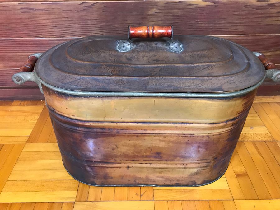 Large Vintage Copper Boiler Canning Wash Tub With Lid And Handles [Photo 5]