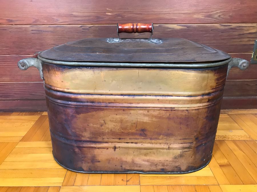 Large Vintage Copper Boiler Canning Wash Tub With Lid And Handles [Photo 4]