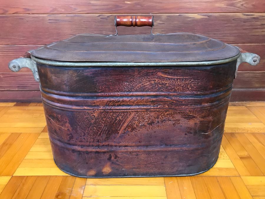 Large Vintage Copper Boiler Canning Wash Tub With Lid And Handles