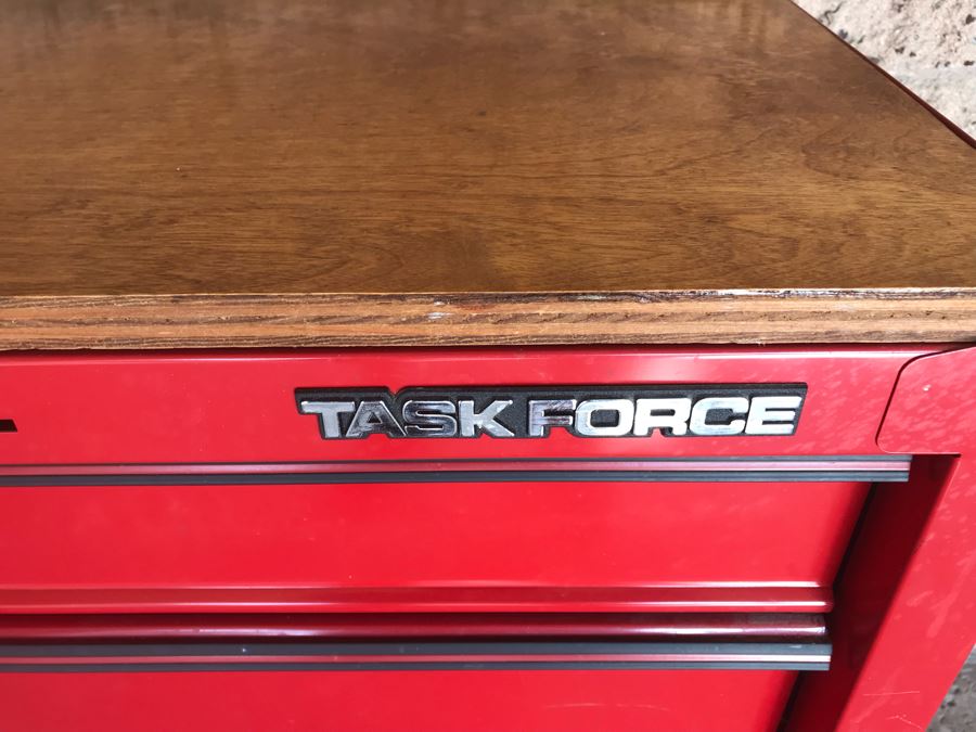 Pair Of Rolling Task Force Tool Boxes On Casters Filled With Tools