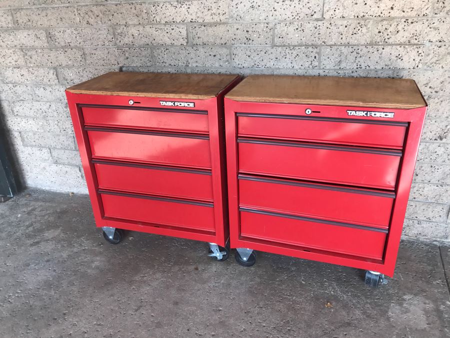 Pair Of Rolling Task Force Tool Boxes On Casters Filled With Tools - See Photos [Photo 14]