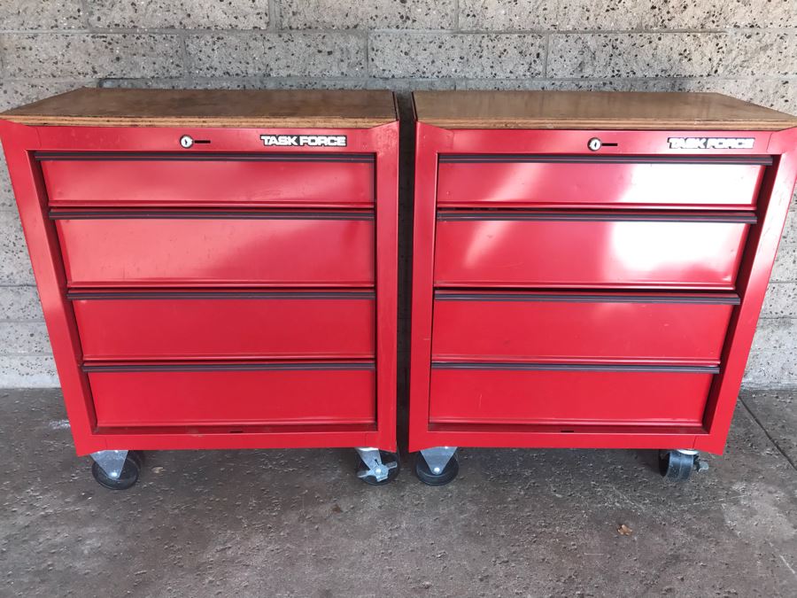 Pair Of Rolling Task Force Tool Boxes On Casters Filled With Tools - See Photos [Photo 12]