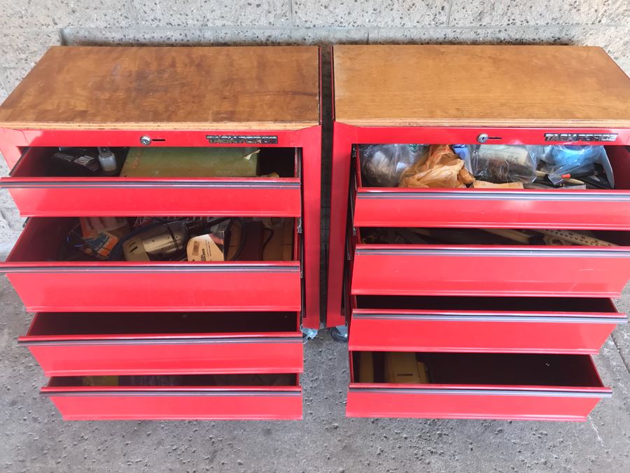 Pair Of Rolling Task Force Tool Boxes On Casters Filled With Tools - See Photos [Photo 4]