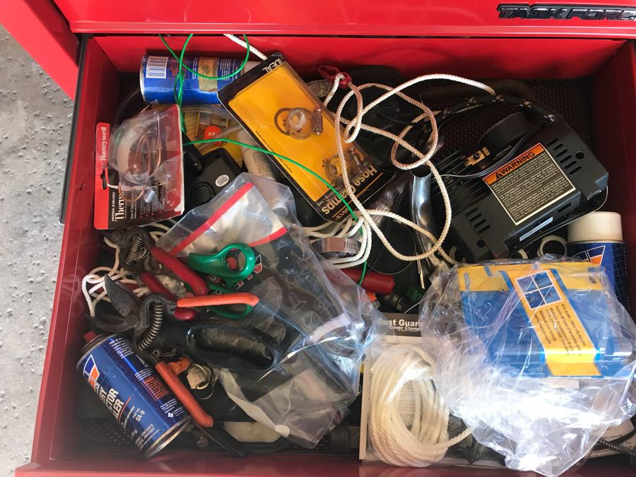 Pair Of Rolling Task Force Tool Boxes On Casters Filled With Tools Plus Upper Tool Box Filled With Tools - See Photos For Tools [Photo 17]