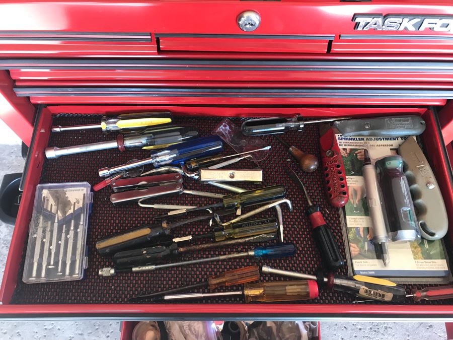 Pair Of Rolling Task Force Tool Boxes On Casters Filled With Tools Plus