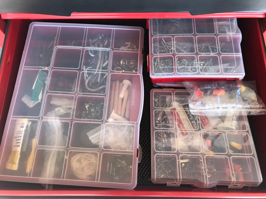 Pair Of Rolling Task Force Tool Boxes On Casters Filled With Tools Plus