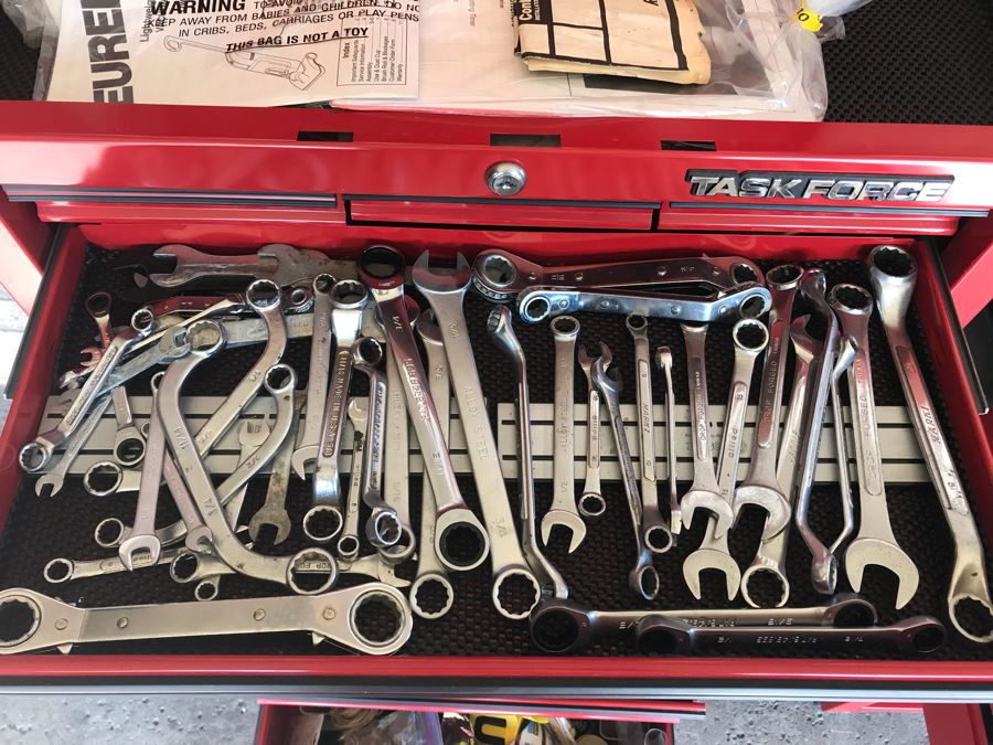 Pair Of Rolling Task Force Tool Boxes On Casters Filled With Tools Plus 