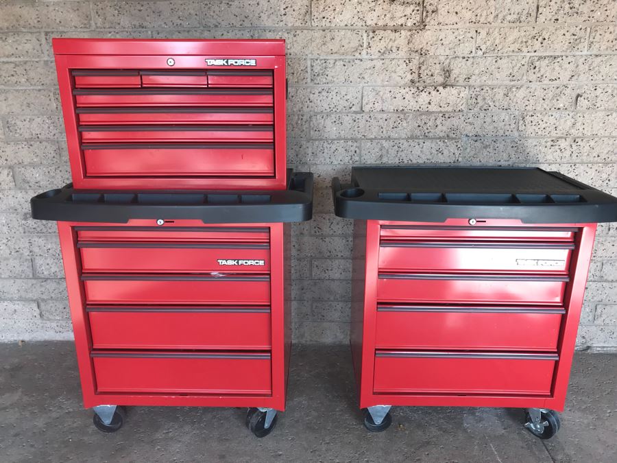 Pair Of Rolling Task Force Tool Boxes On Casters Filled With Tools