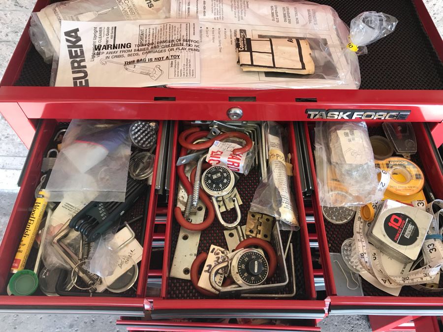 Pair Of Rolling Task Force Tool Boxes On Casters Filled With Tools Plus