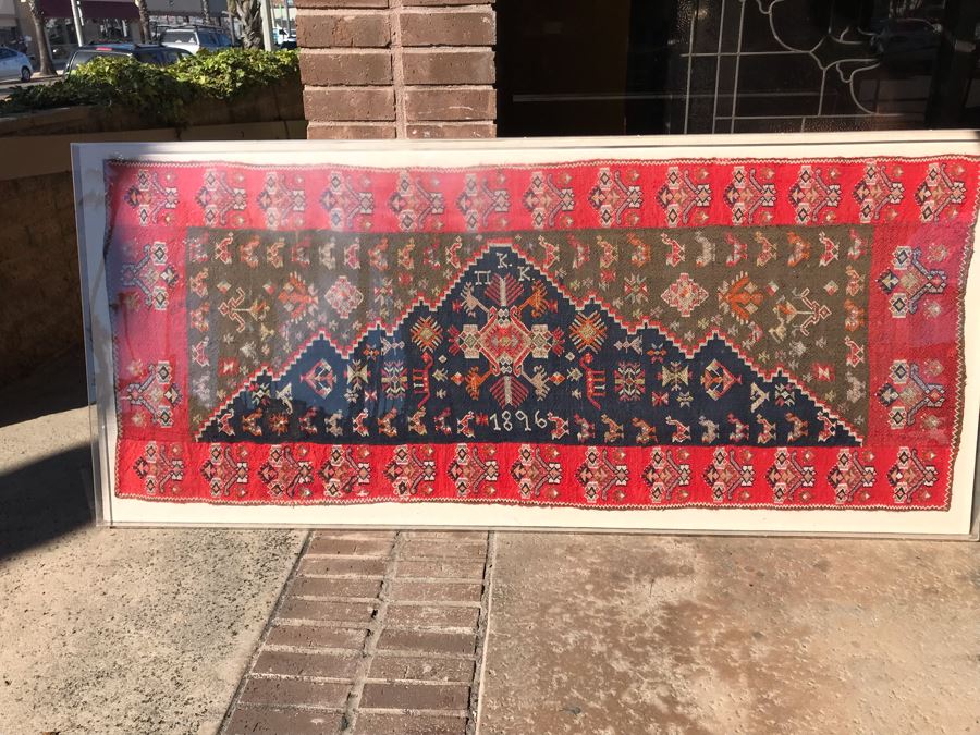 Antique 1896 Hand Knotted Rug With Geometric Patterns Encased In Acrylic Shadowbox Ready For Wall Hanging [Photo 13]