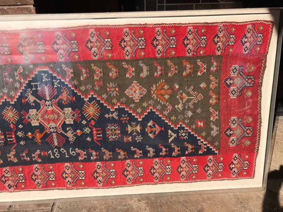 Antique 1896 Hand Knotted Rug With Geometric Patterns Encased In Acrylic Shadowbox Ready For Wall Hanging [Photo 15]