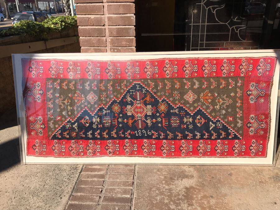 Antique 1896 Hand Knotted Rug With Geometric Patterns Encased In Acrylic Shadowbox Ready For Wall Hanging [Photo 12]