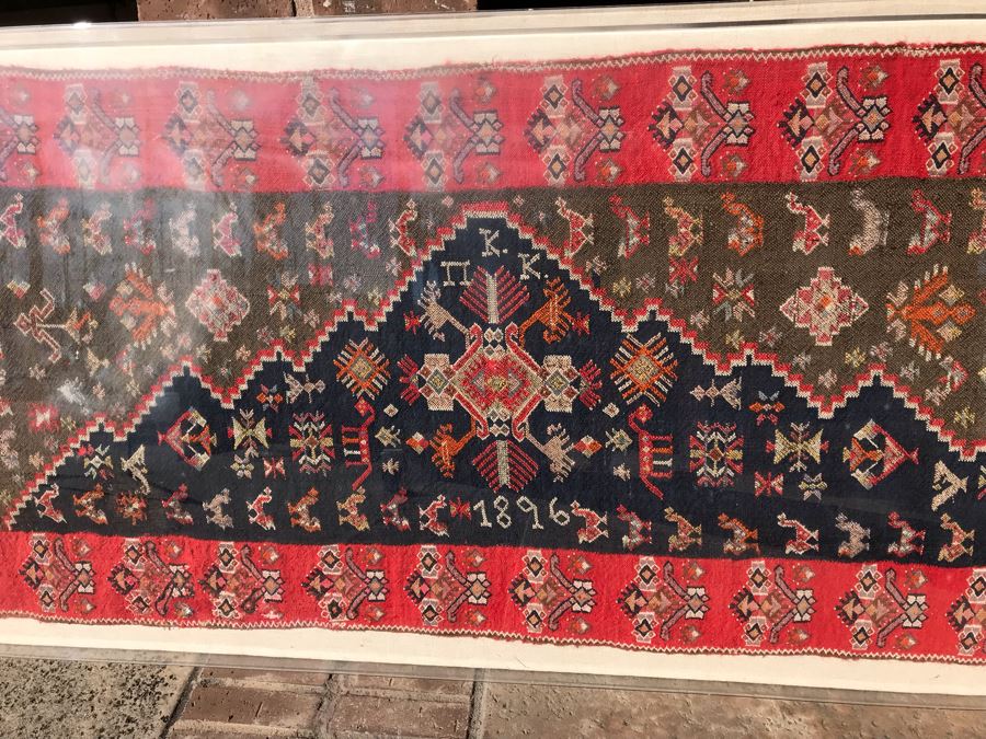 Antique 1896 Hand Knotted Rug With Geometric Patterns Encased In Acrylic Shadowbox Ready For Wall Hanging [Photo 4]