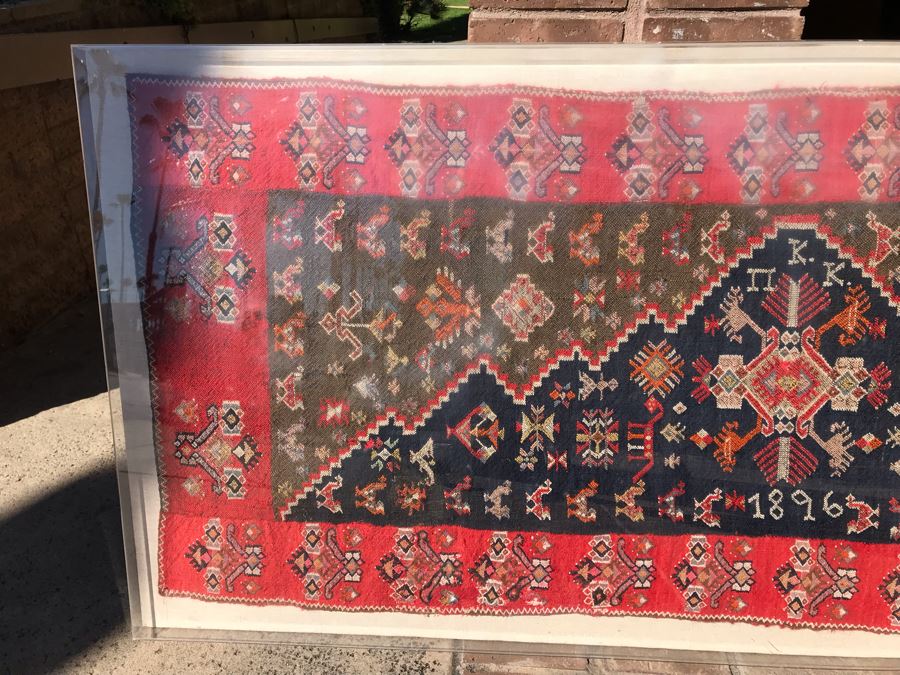 Antique 1896 Hand Knotted Rug With Geometric Patterns Encased In Acrylic Shadowbox Ready For Wall Hanging [Photo 16]