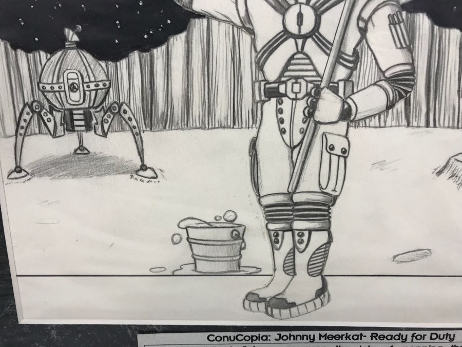 Original Pencil Drawing Titled 'ConuCopia: Johnny Meerkat - Ready For Duty' Created As T-Shirt Design For NASFic 1999 18' X 14' [Photo 6]
