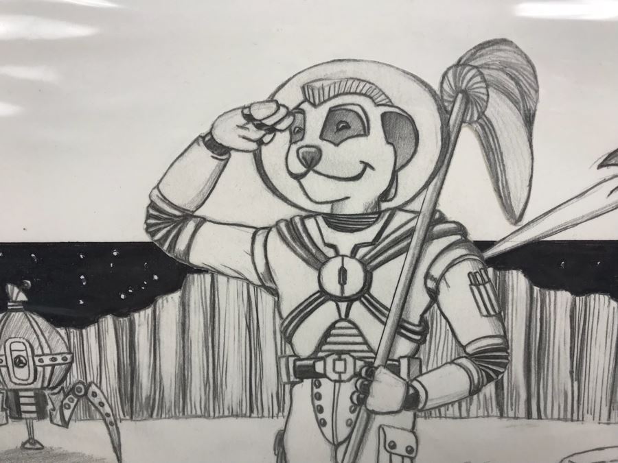 Original Pencil Drawing Titled 'ConuCopia: Johnny Meerkat - Ready For Duty' Created As T-Shirt Design For NASFic 1999 18' X 14' [Photo 5]