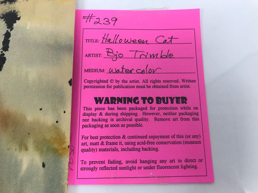 Vintage Original Watercolor Painting By Bjo Trimble Titled 'Halloween Cat' 11' X 17' [Photo 6]