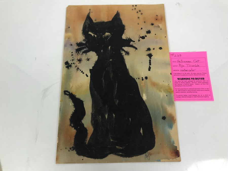Vintage Original Watercolor Painting By Bjo Trimble Titled 'Halloween Cat' 11' X 17' [Photo 1]