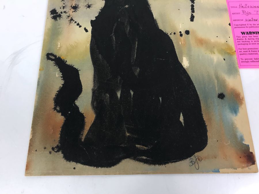 Vintage Original Watercolor Painting By Bjo Trimble Titled 'Halloween Cat' 11' X 17' [Photo 4]