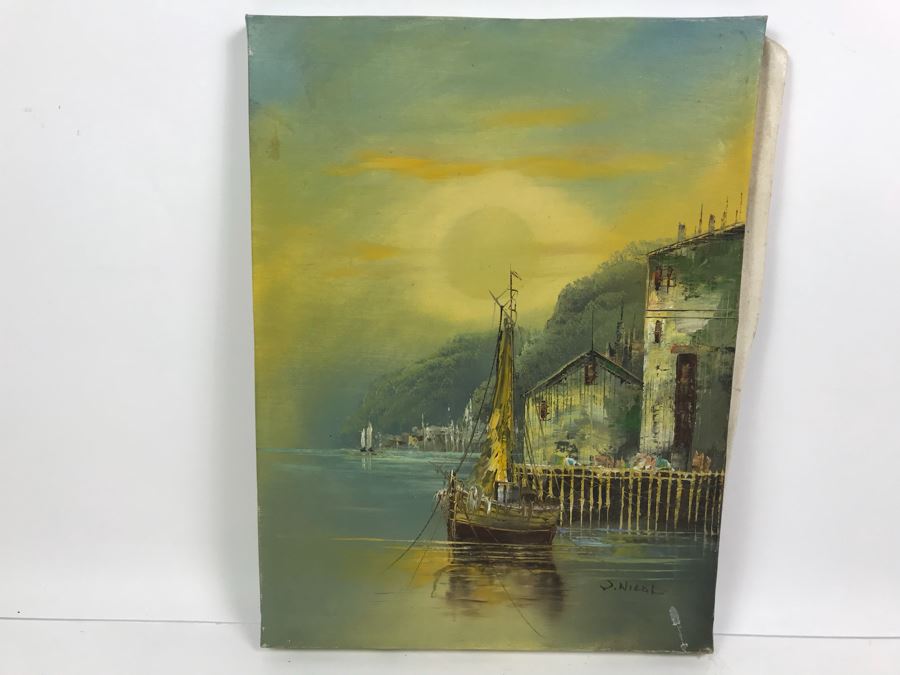 Original Harbour Scene Oil Painting By J. Nicol 12' X 16' [Photo 1]