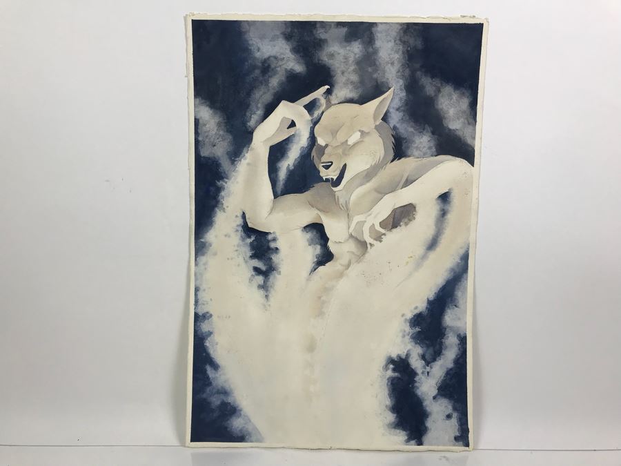 Original Artwork Vintage 1992 By C. Hanson Titled 'The Smoke Wolf' 15' X 22' [Photo 1]