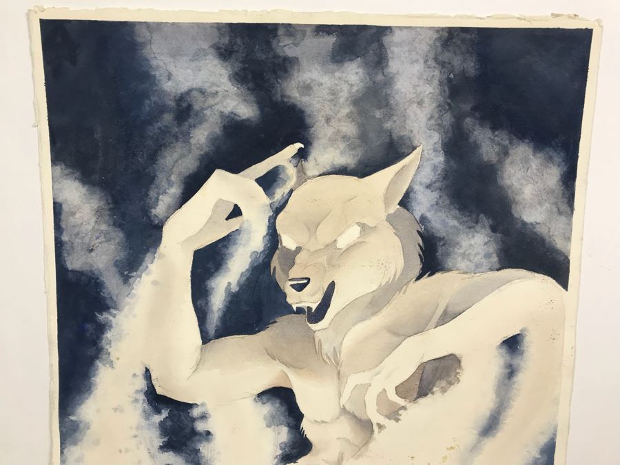 Original Artwork Vintage 1992 By C. Hanson Titled 'The Smoke Wolf' 15' X 22' [Photo 2]