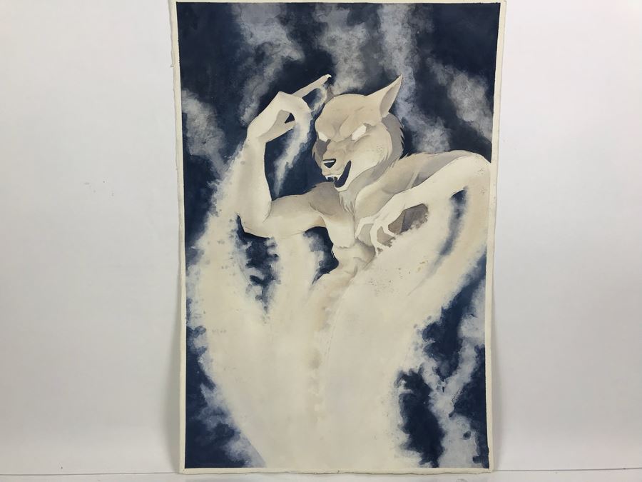 Original Artwork Vintage 1992 By C. Hanson Titled 'The Smoke Wolf' 15' X 22' [Photo 4]