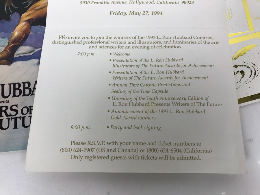 L. Ron Hubbard Writers Of The Future Poster And Invitation And Pair Of Tickets To Attend The L. Ron Hubbard Writers And Illustrators Of The Future Contests Awards Event The Manor Hotel Vintage 1994 [Photo 9]