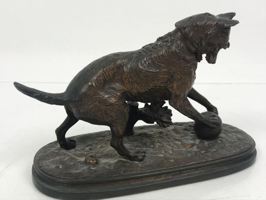 Signed Arthur Waagen (German, 1833–1898) Bronze Statue Of Dog Playing With A Ball Titled 'Chien Jouant Avec Une Boule' 6.3' X 9.3' [Photo 16]