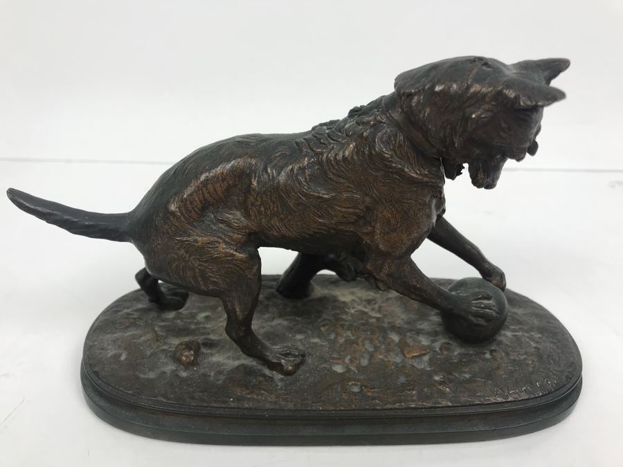 Signed Arthur Waagen (German, 1833–1898) Bronze Statue Of Dog Playing With A Ball Titled 'Chien Jouant Avec Une Boule' 6.3' X 9.3' [Photo 3]