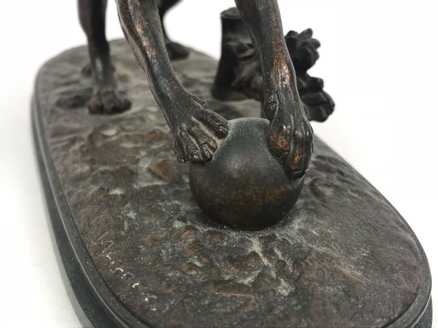 Signed Arthur Waagen (German, 1833–1898) Bronze Statue Of Dog Playing With A Ball Titled 'Chien Jouant Avec Une Boule' 6.3' X 9.3' [Photo 7]