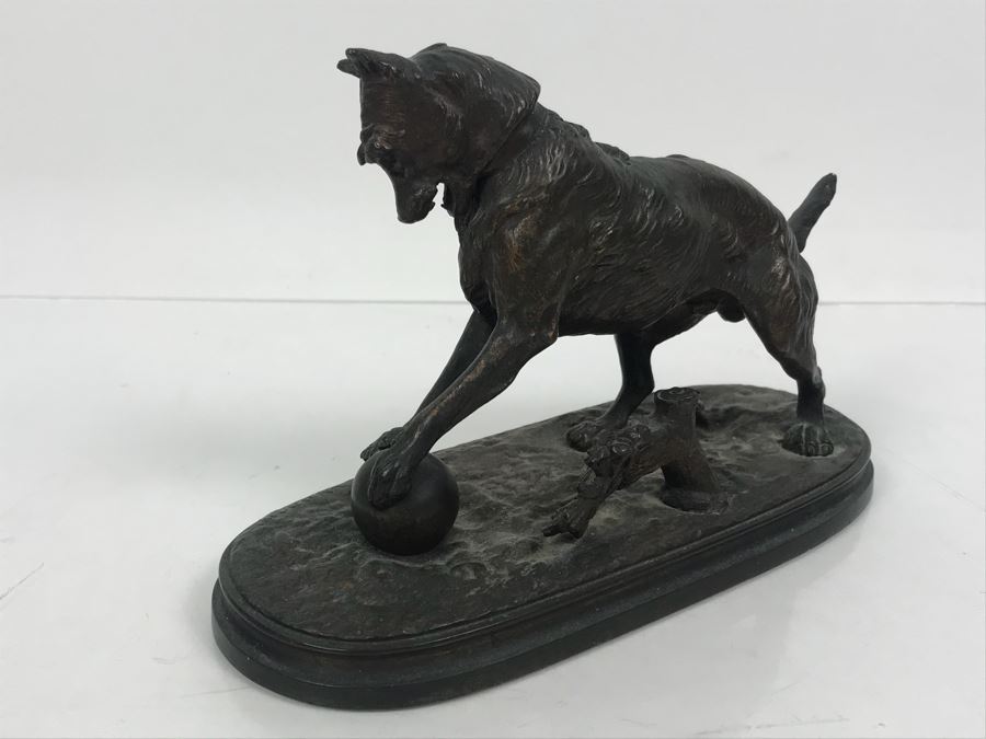 Signed Arthur Waagen (German, 1833–1898) Bronze Statue Of Dog Playing With A Ball Titled 'Chien Jouant Avec Une Boule' 6.3' X 9.3' [Photo 12]