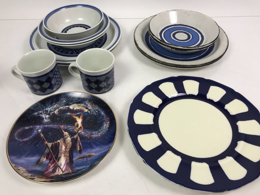 Collection Of Royal Doulton Lambethware Tangier And Stonehenge Plates, Cups, Bowls Plus Limited Edition Royal Doulton Collectible Plate Sorcerer's Spell By Myles Pinkney