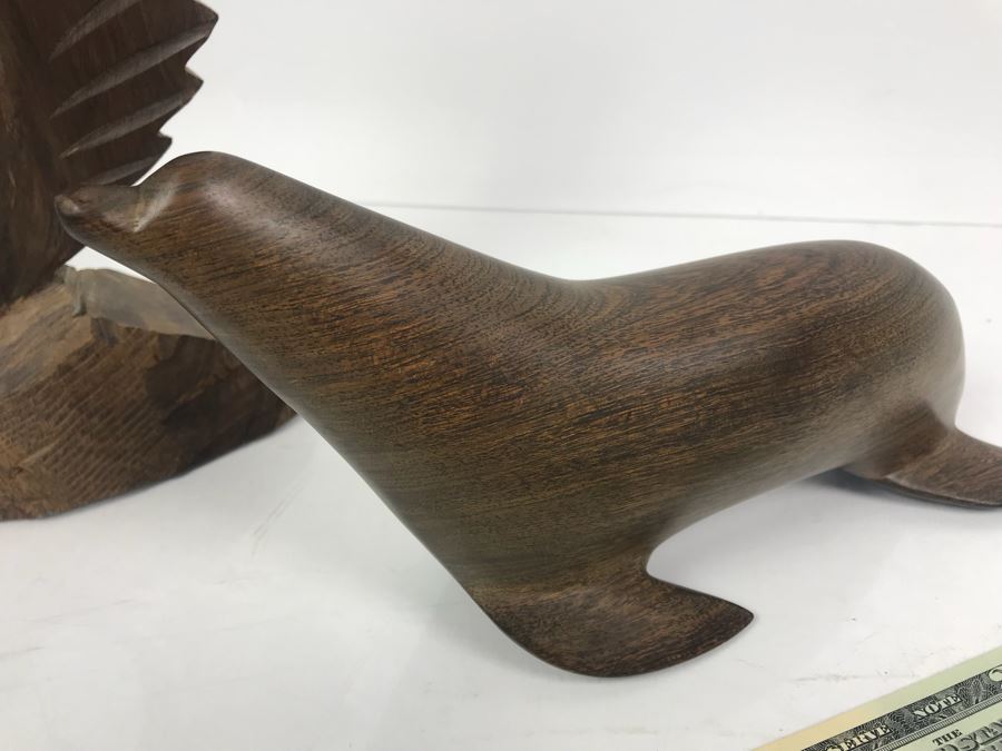 Carved Ironwood Sailfish And Seal Plus Metal Fisherman Sculpture [Photo 8]