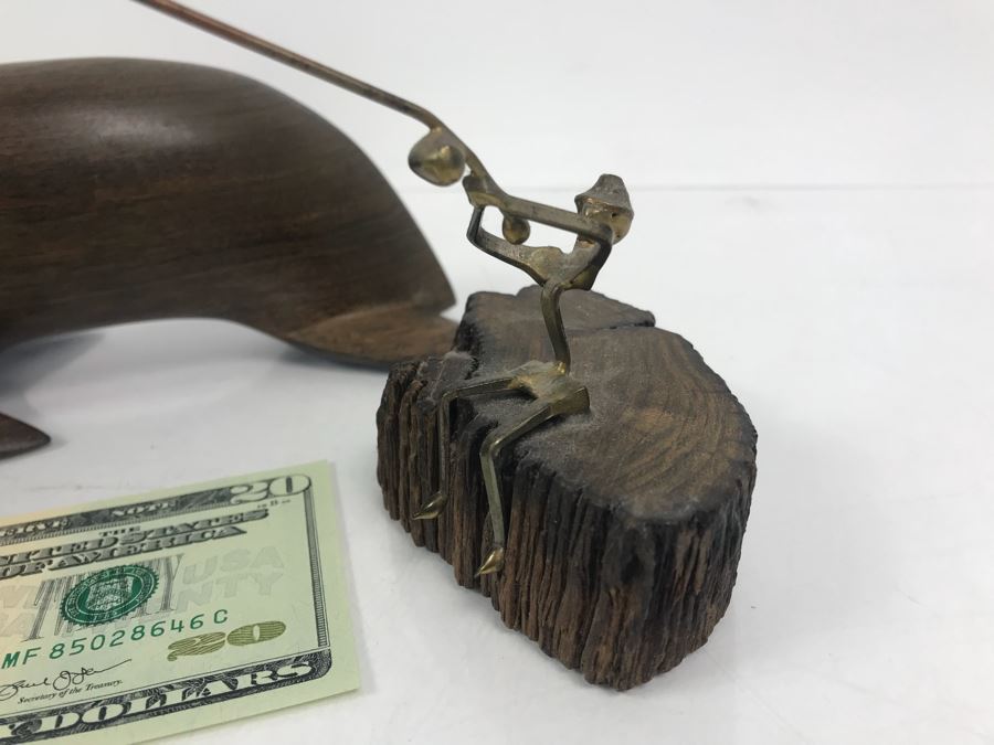 Carved Ironwood Sailfish And Seal Plus Metal Fisherman Sculpture [Photo 5]