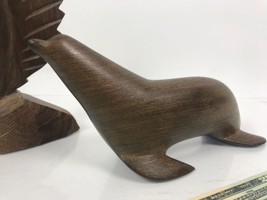 Carved Ironwood Sailfish And Seal Plus Metal Fisherman Sculpture [Photo 7]