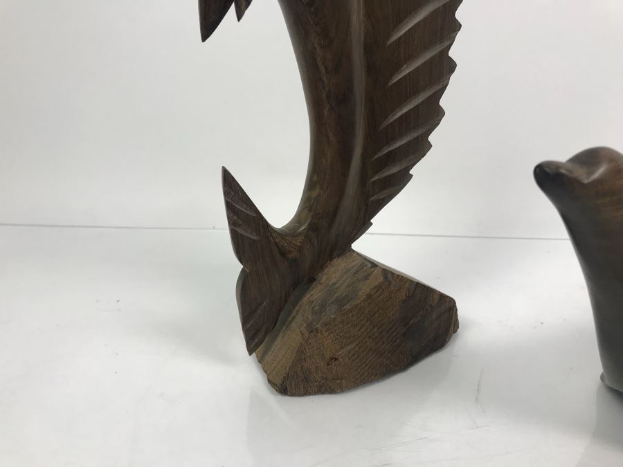 Carved Ironwood Sailfish And Seal Plus Metal Fisherman Sculpture [Photo 3]