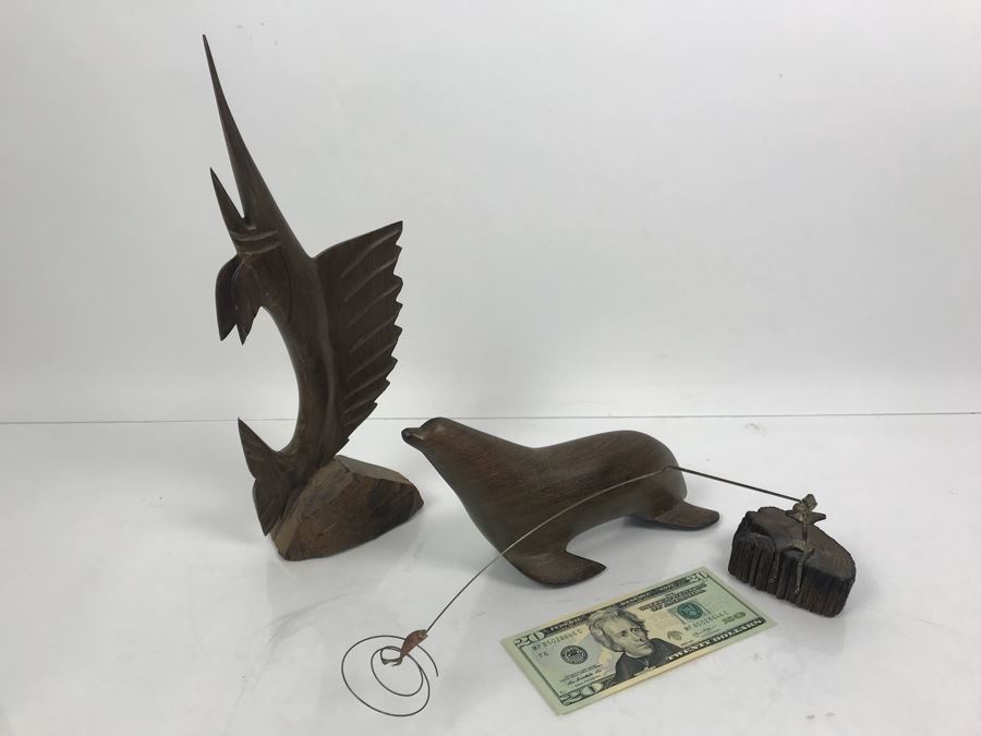 Carved Ironwood Sailfish And Seal Plus Metal Fisherman Sculpture [Photo 2]