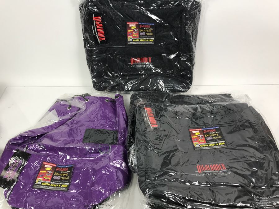 (3) Movie Promotional All Purpose Laptop Bags From Movie Highlander And (1) Purple Promotional Bag For XENA Warrior Princess New Old Stock [Photo 2]