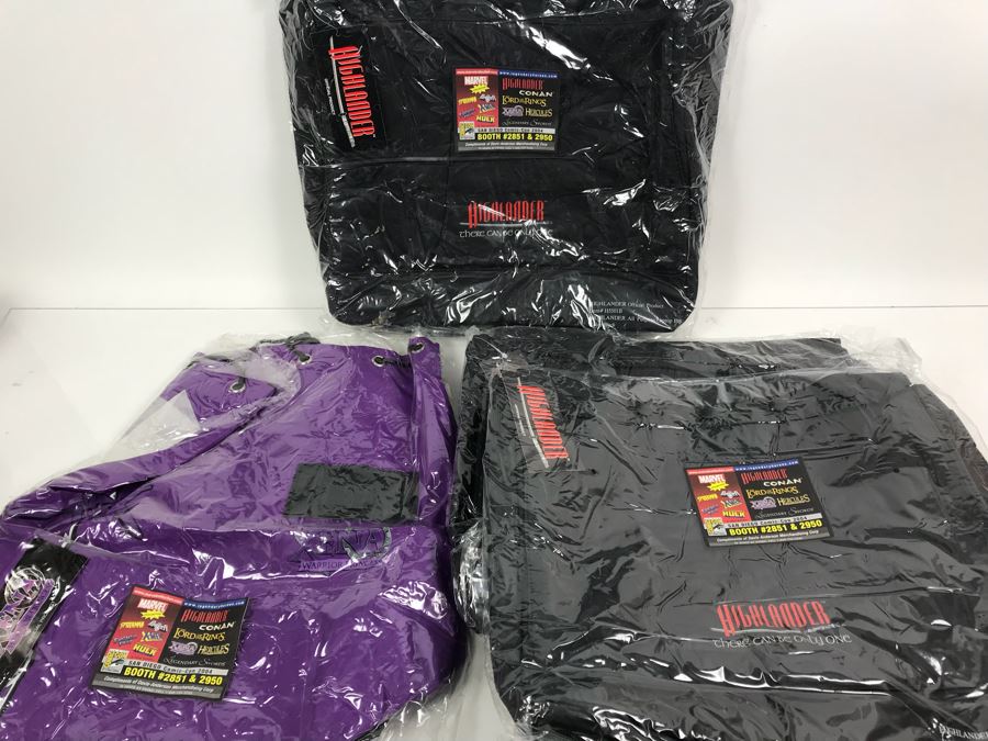 (3) Movie Promotional All Purpose Laptop Bags From Movie Highlander And (1) Purple Promotional Bag For XENA Warrior Princess New Old Stock [Photo 1]