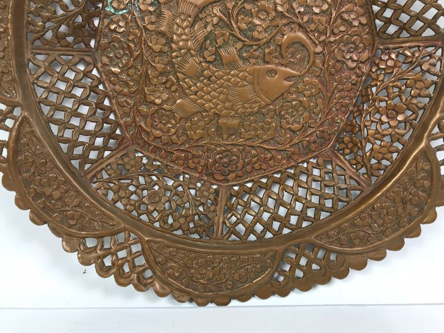 Detailed Hammered Copper Charger Plate Floral Fish Motif [Photo 2]
