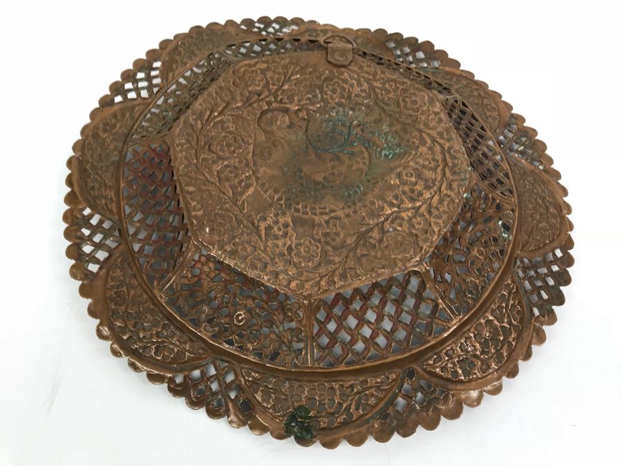 Detailed Hammered Copper Charger Plate Floral Fish Motif [Photo 7]