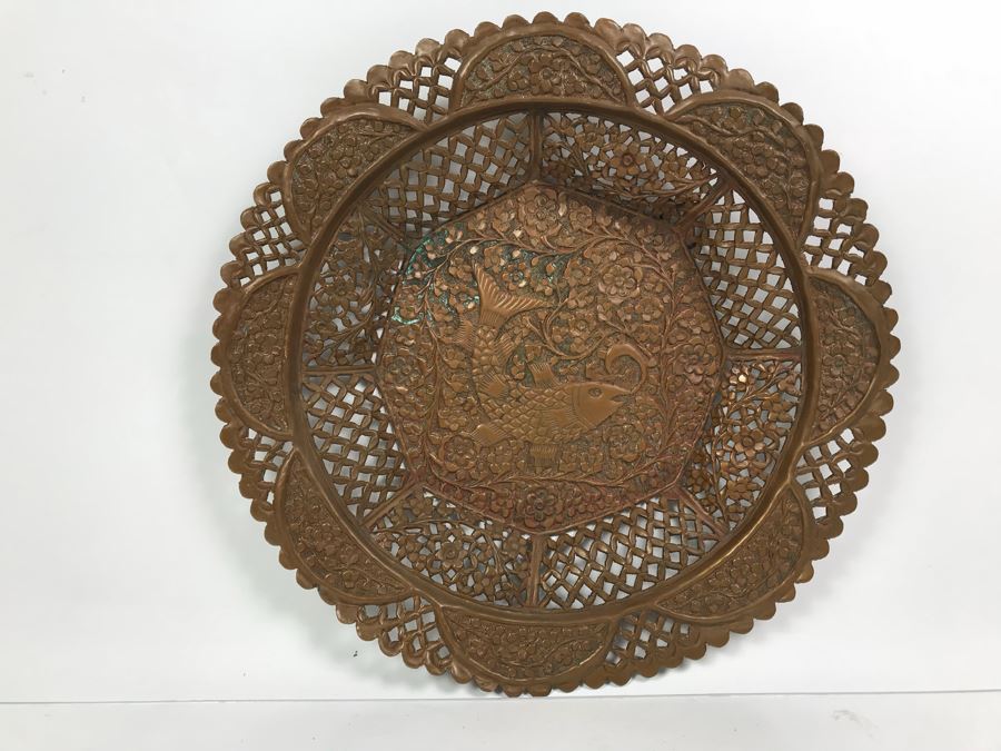 Detailed Hammered Copper Charger Plate Floral Fish Motif