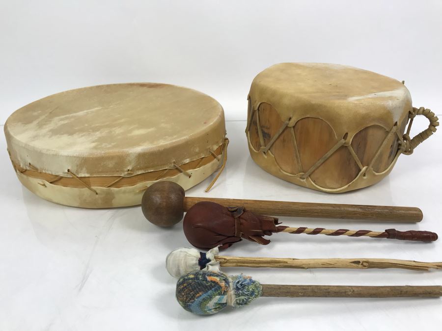 Pair Of Handmade Leather Wooden Drums With (4) Handmade Drum Sticks [Photo 1]