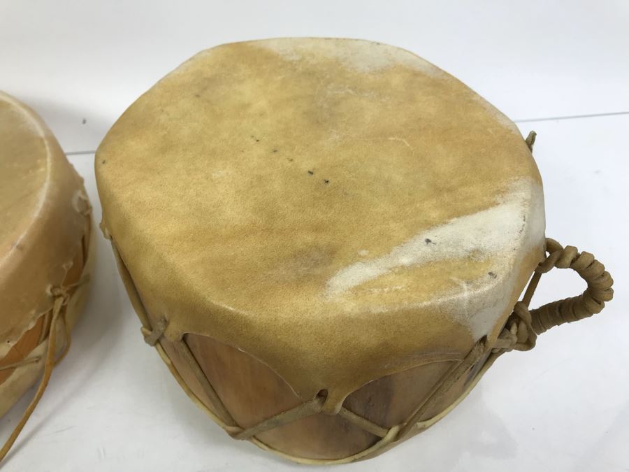 Pair Of Handmade Leather Wooden Drums With (4) Handmade Drum Sticks [Photo 3]