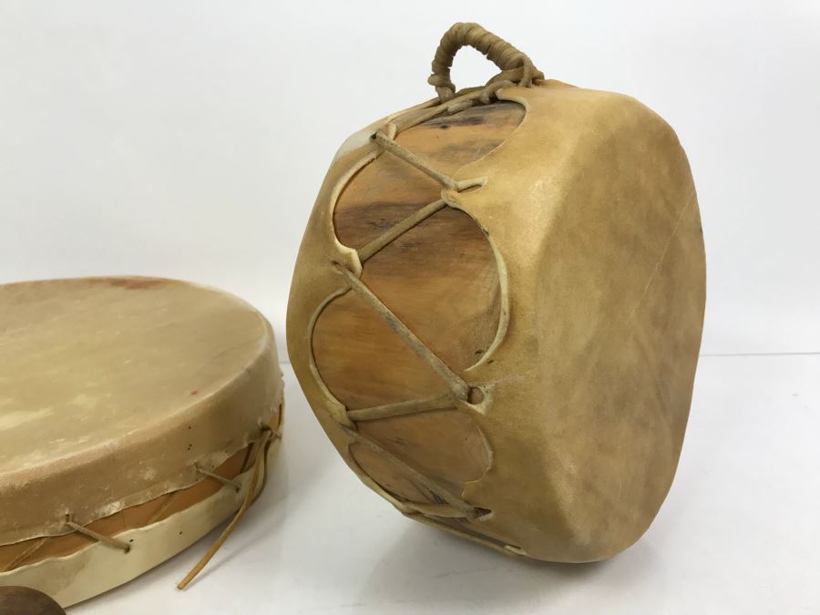 Pair Of Handmade Leather Wooden Drums With (4) Handmade Drum Sticks [Photo 6]