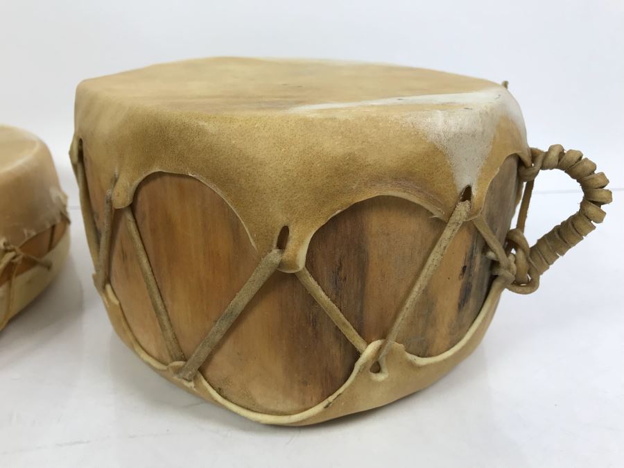 Pair Of Handmade Leather Wooden Drums With (4) Handmade Drum Sticks [Photo 2]