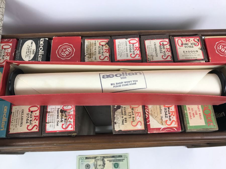 Wooden Piano Roll Storage Rack Containing Various Vintage Piano Rolls For Player Piano [Photo 8]