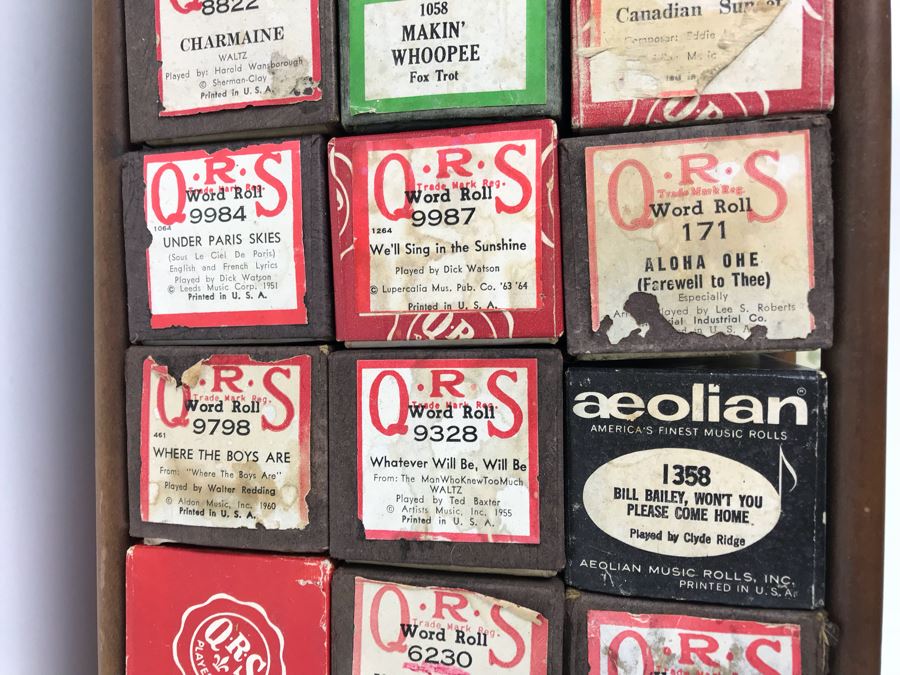 Wooden Piano Roll Storage Rack Containing Various Vintage Piano Rolls For Player Piano [Photo 5]